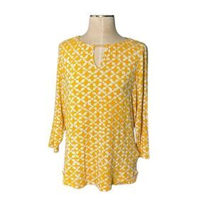 Michael Kors Womens Geometric 3/4 Sleeve Jersey Keyhole Top Yellow White Small